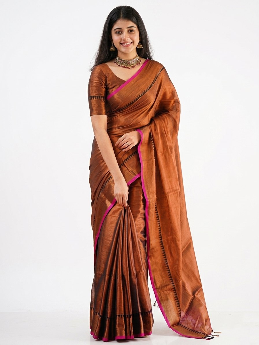 Elegant Copper Brown Silk Saree with Pink Contrast Border