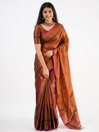 Elegant Copper Brown Silk Saree with Pink Contrast Border