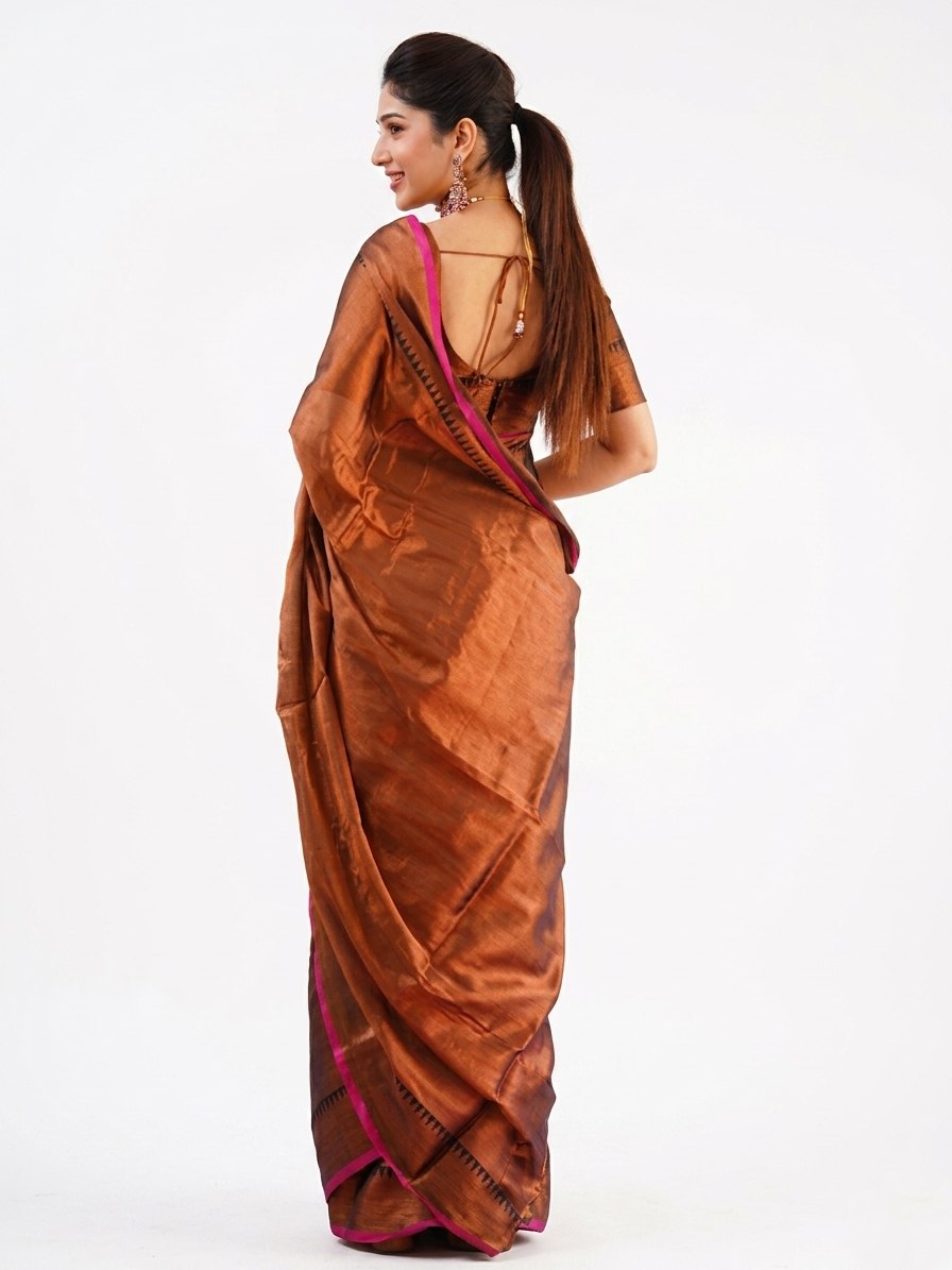Elegant Copper Brown Silk Saree with Pink Contrast Border