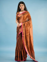 Elegant Copper Brown Silk Saree with Pink Contrast Border