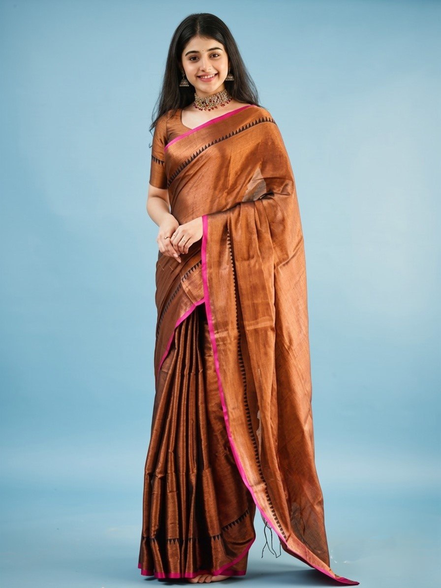 Elegant Copper Brown Silk Saree with Pink Contrast Border