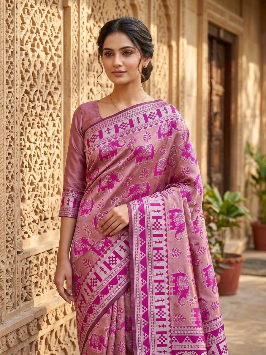 Vibrant Pink Elephant Motif Saree