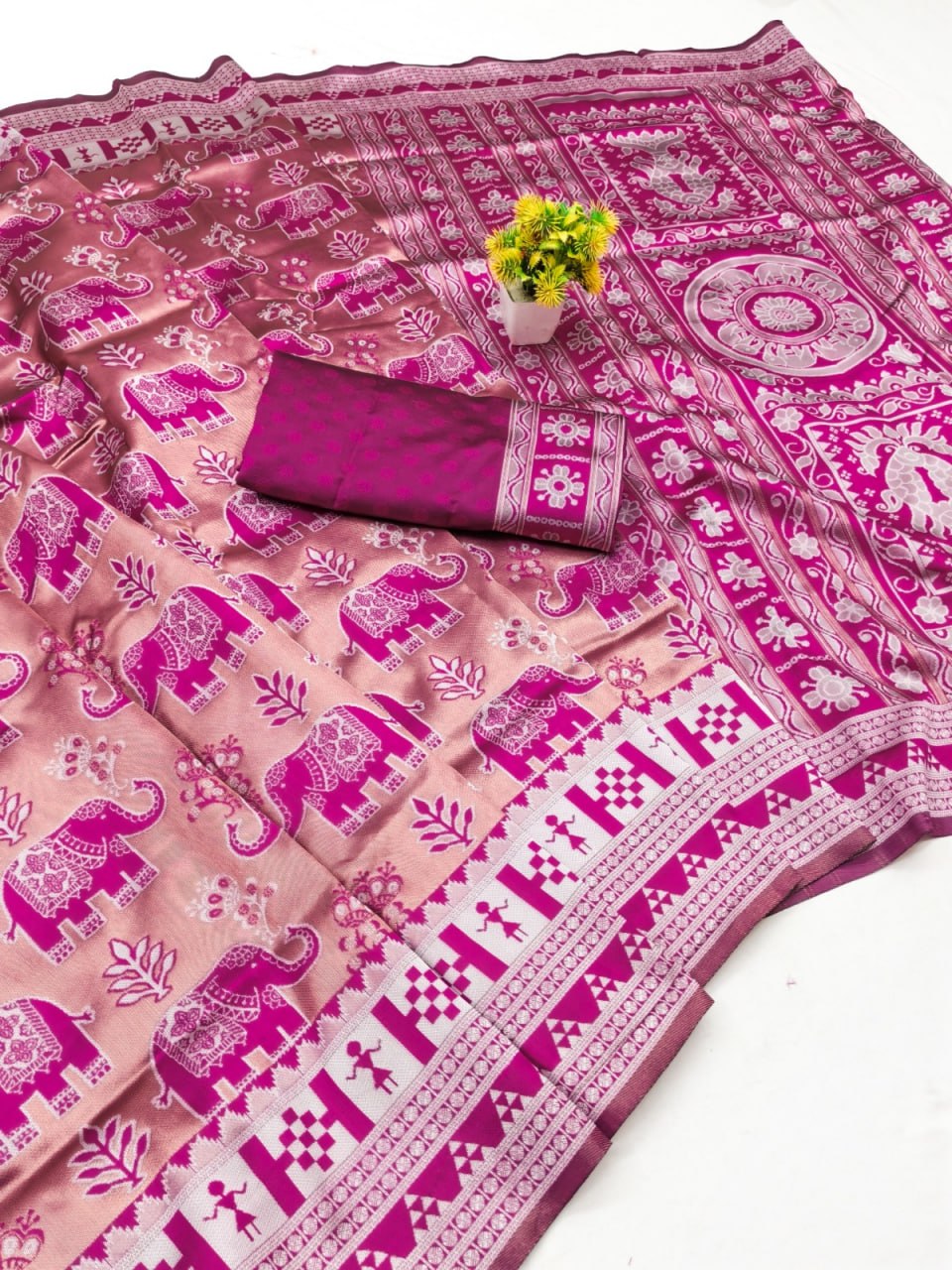 Vibrant Pink Elephant Motif Saree