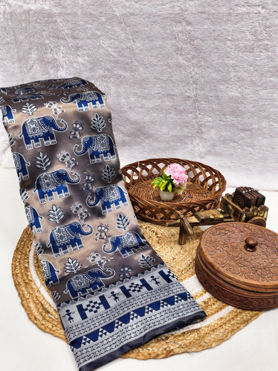 Classic Blue Elephant Motif Saree