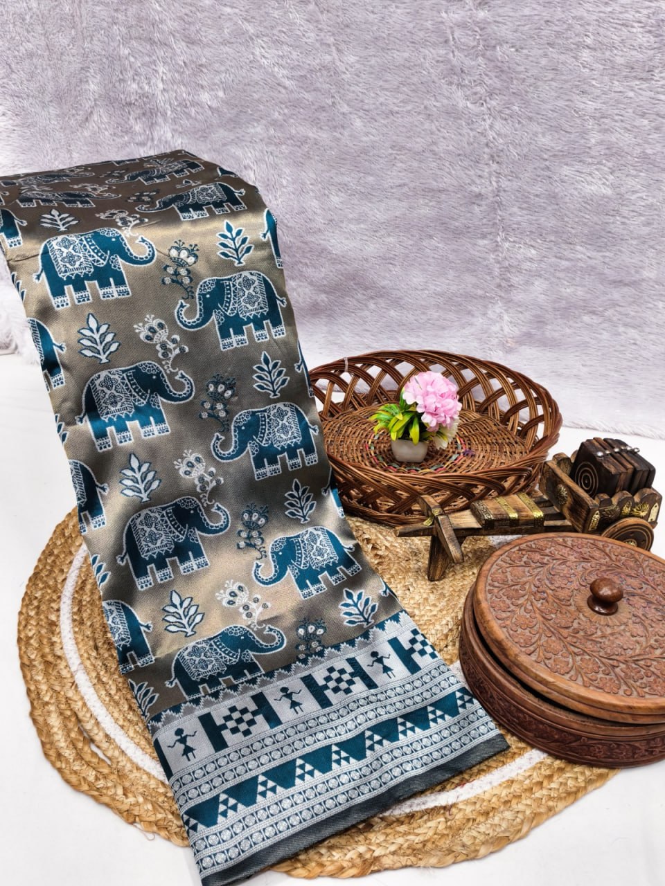 Regal Blue Elephant Motif Saree