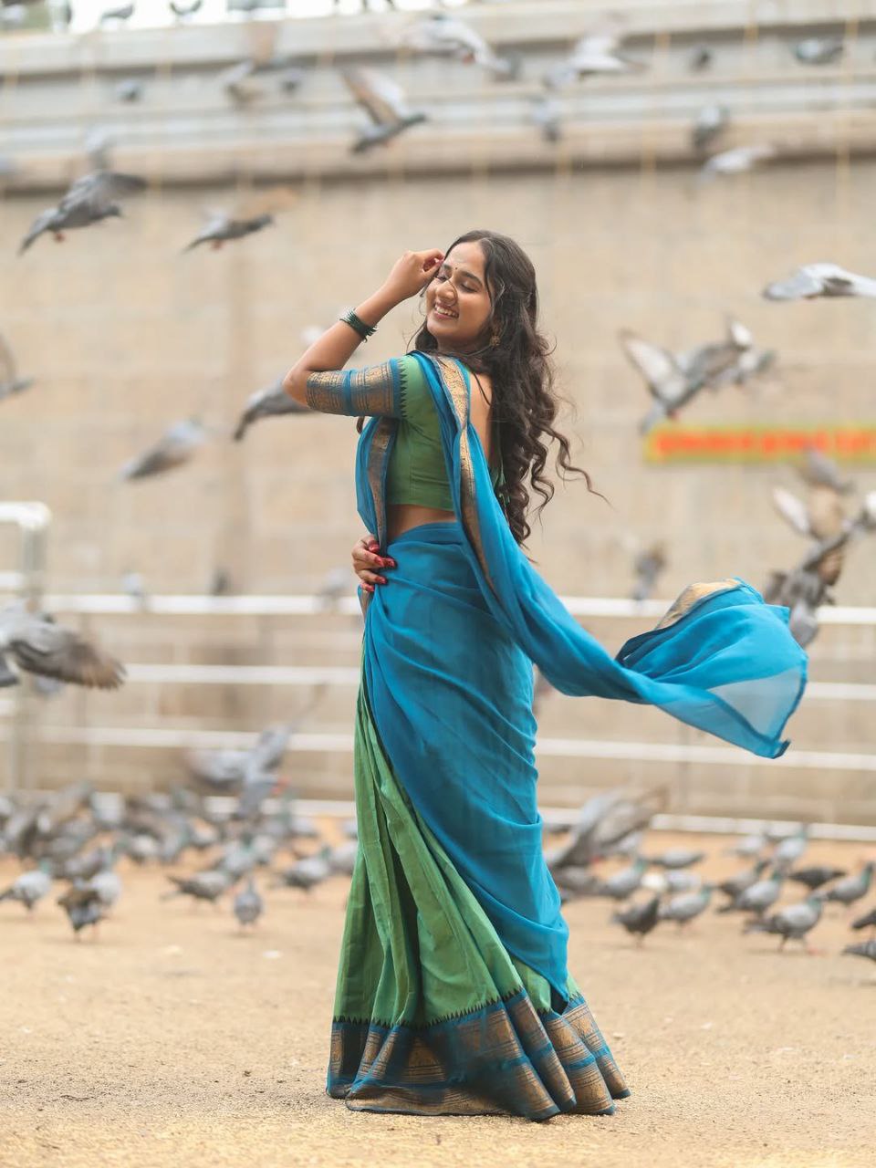 Sage Green and Cyan Blue Silk Pattu Pavadai Set with Traditional Gold Zari Border