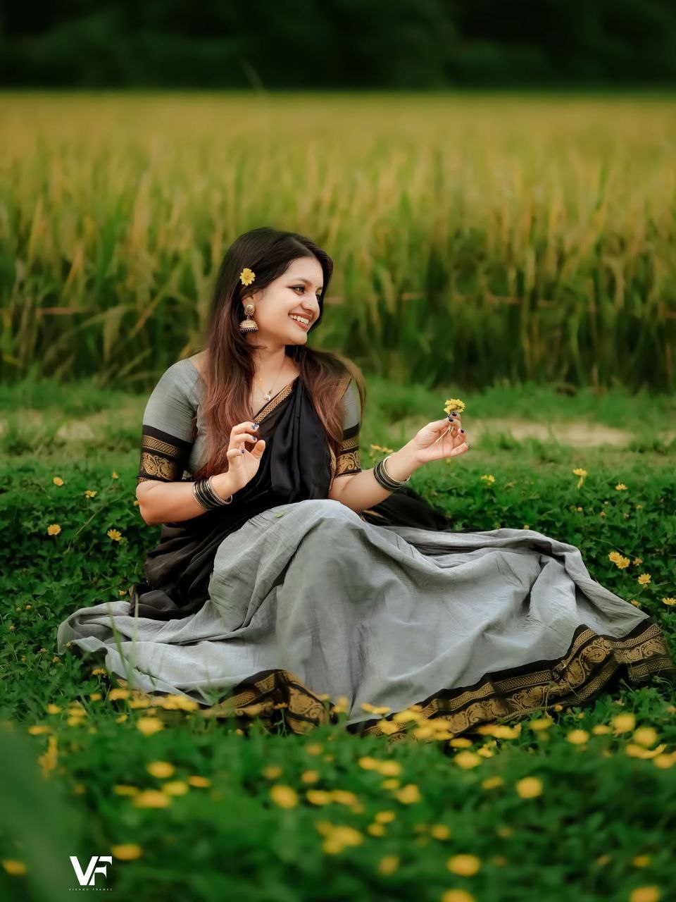 Charcoal Grey & Black Pleated Lehenga with Gold Peacock Zari Border