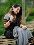Charcoal Grey & Black Pleated Lehenga with Gold Peacock Zari Border