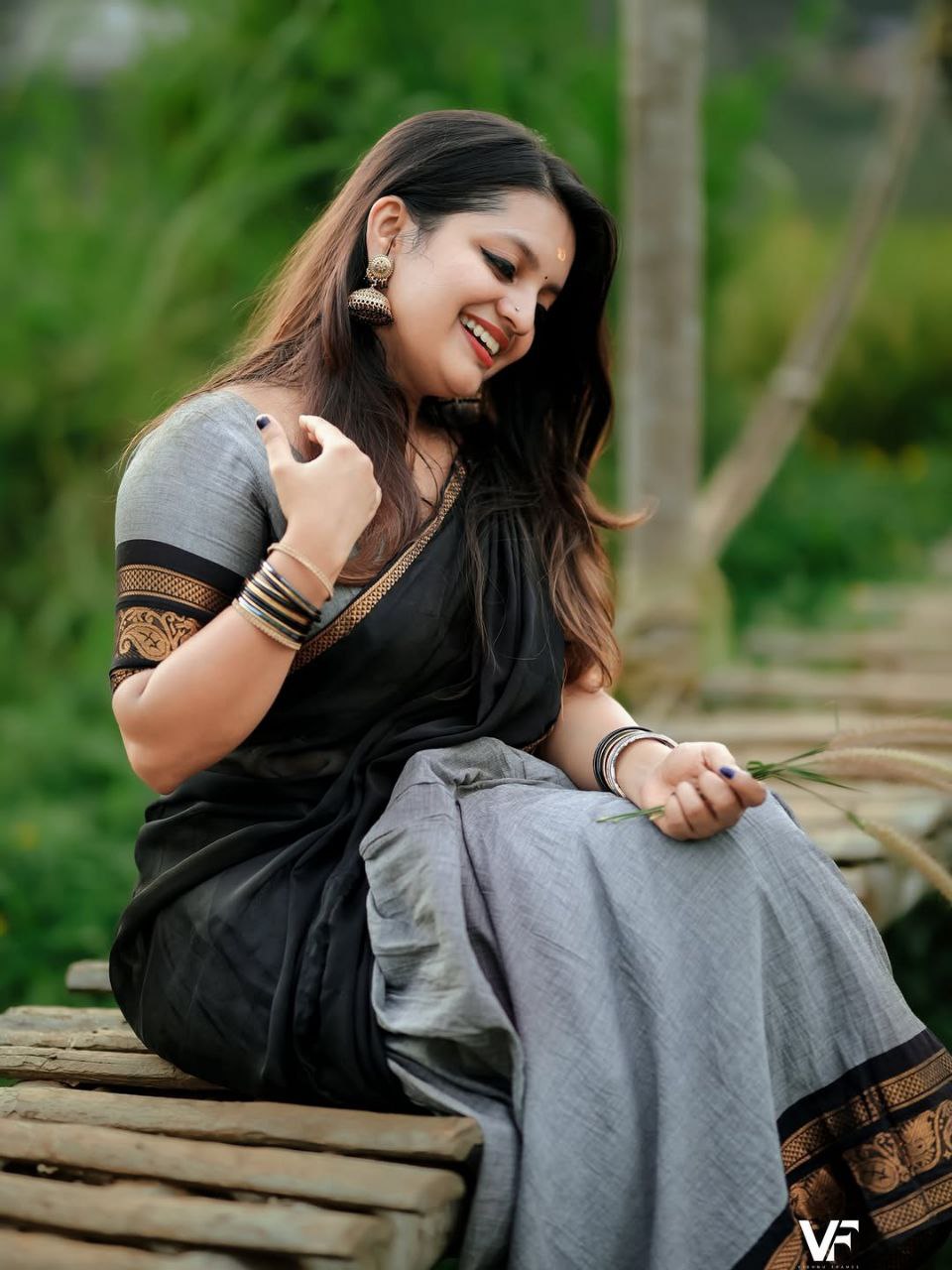 Charcoal Grey & Black Pleated Lehenga with Gold Peacock Zari Border