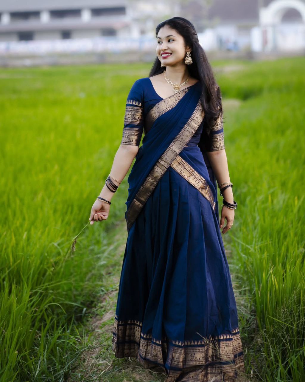 Midnight Navy & Antique Gold Kanjivaram Silk Lehenga Set