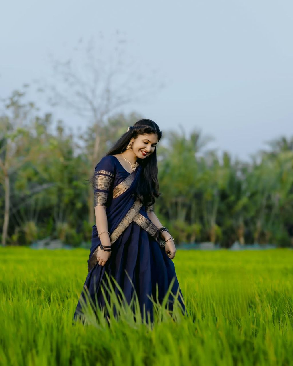 Midnight Navy & Antique Gold Kanjivaram Silk Lehenga Set