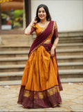 Mustard Yellow & Wine Kanjivaram Silk Lehenga with Peacock Zari Border