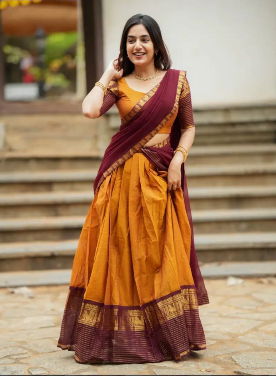 Mustard Yellow & Wine Kanjivaram Silk Lehenga with Peacock Zari Border