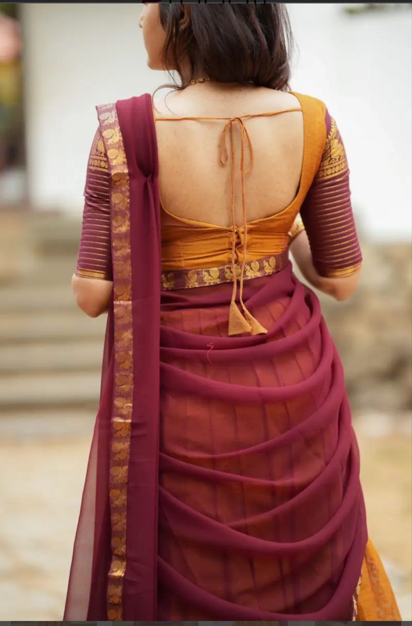 Mustard Yellow & Wine Kanjivaram Silk Lehenga with Peacock Zari Border