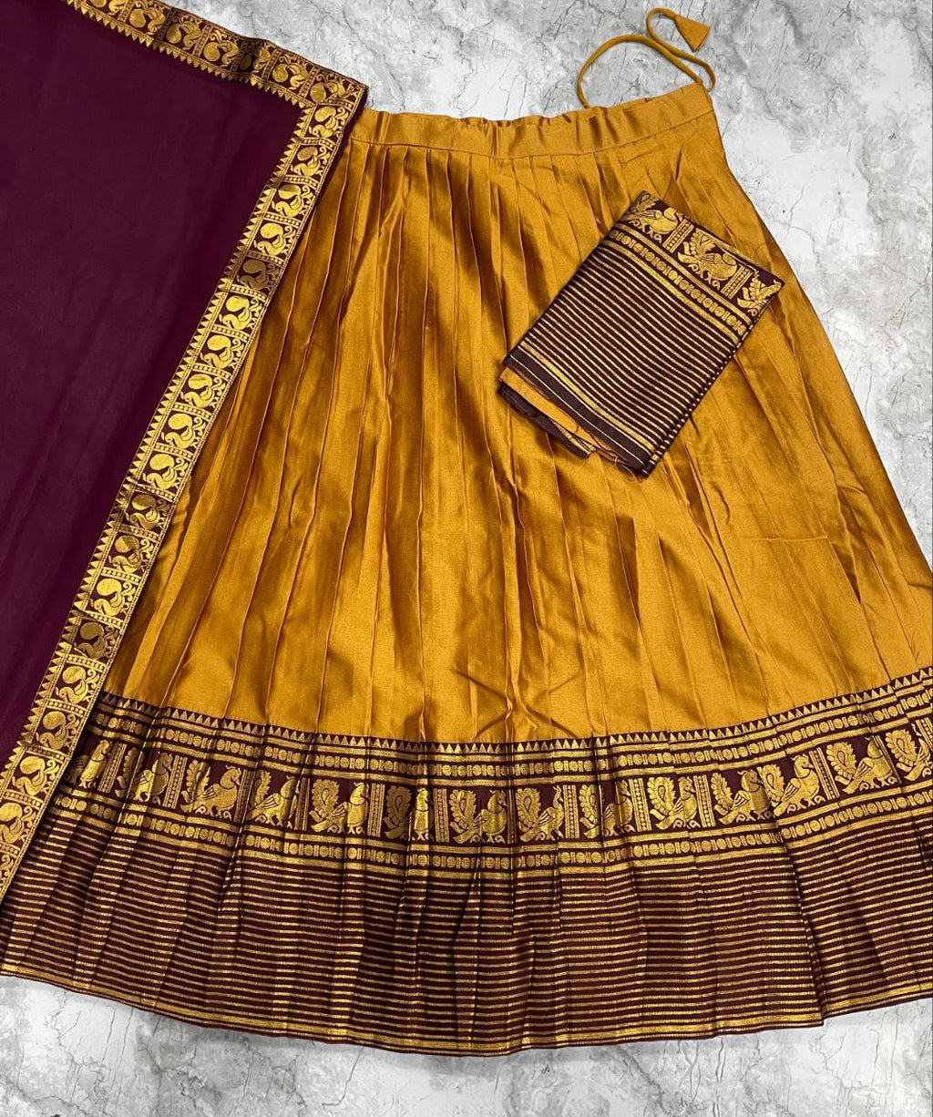 Mustard Yellow & Wine Kanjivaram Silk Lehenga with Peacock Zari Border