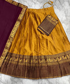 Mustard Yellow & Wine Kanjivaram Silk Lehenga with Peacock Zari Border