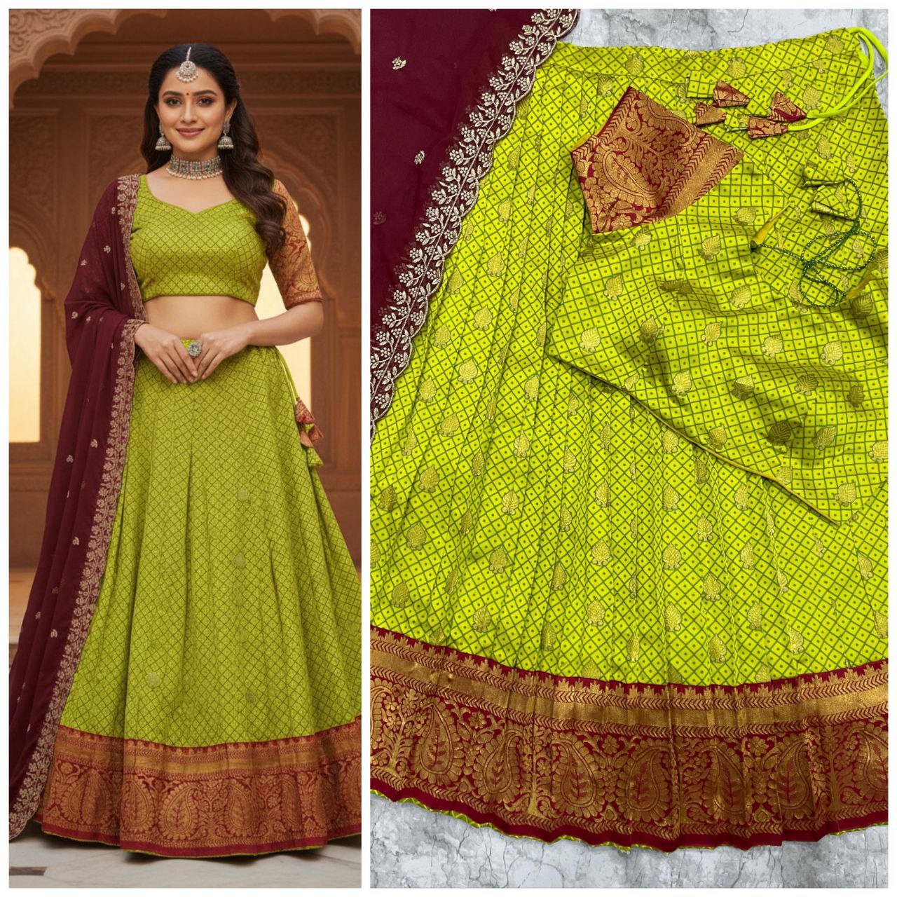 Chartreuse & Maroon Hand-Embroidered Lehenga Set