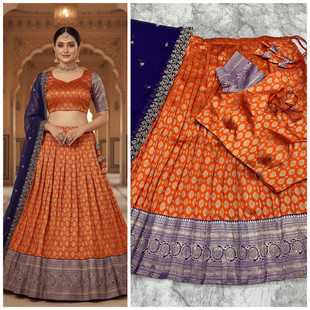 Tangerine & Royal Blue Kanjivaram Silk Lehenga Set
