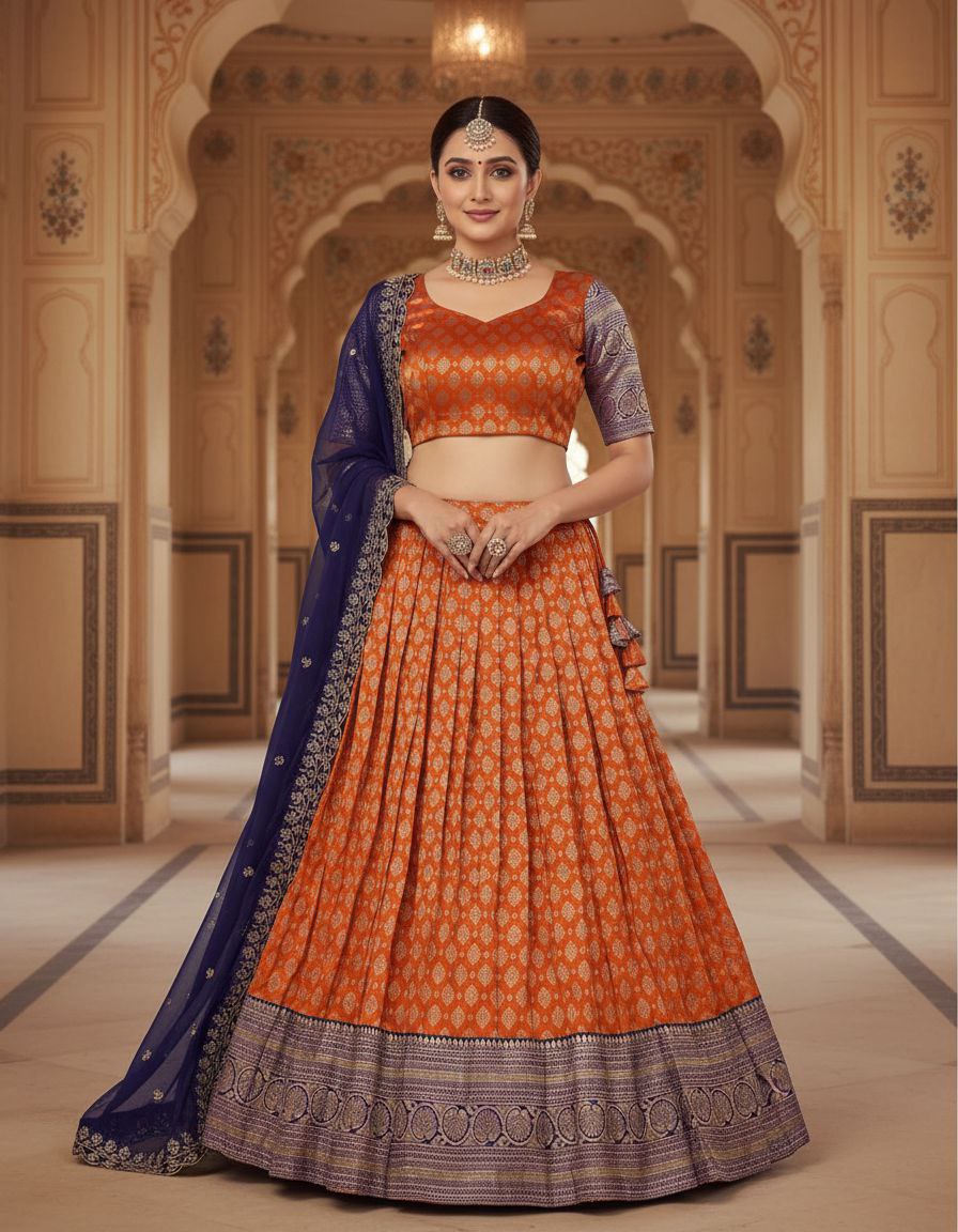 Tangerine & Royal Blue Kanjivaram Silk Lehenga Set