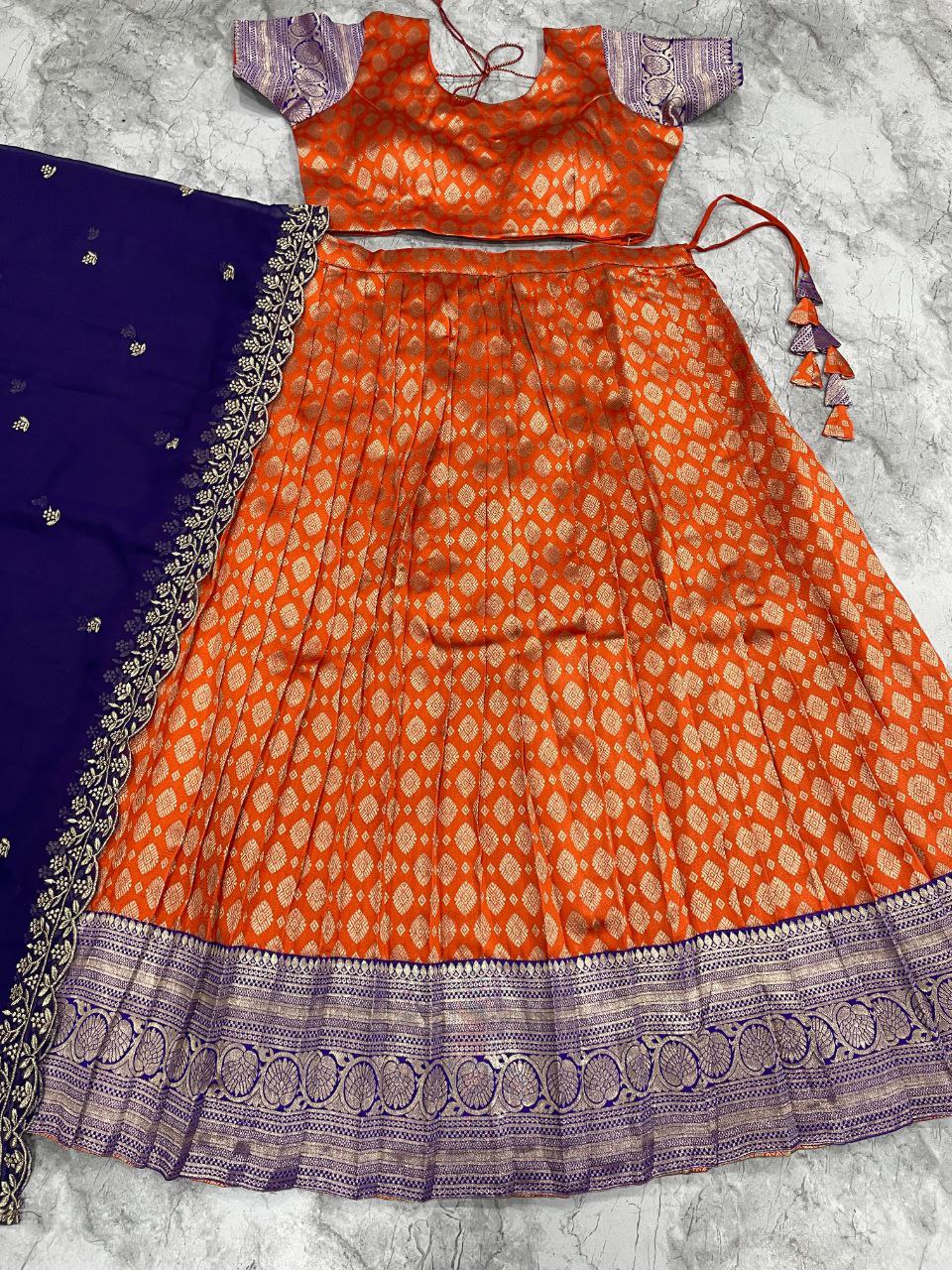 Tangerine & Royal Blue Kanjivaram Silk Lehenga Set