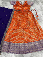 Tangerine & Royal Blue Kanjivaram Silk Lehenga Set