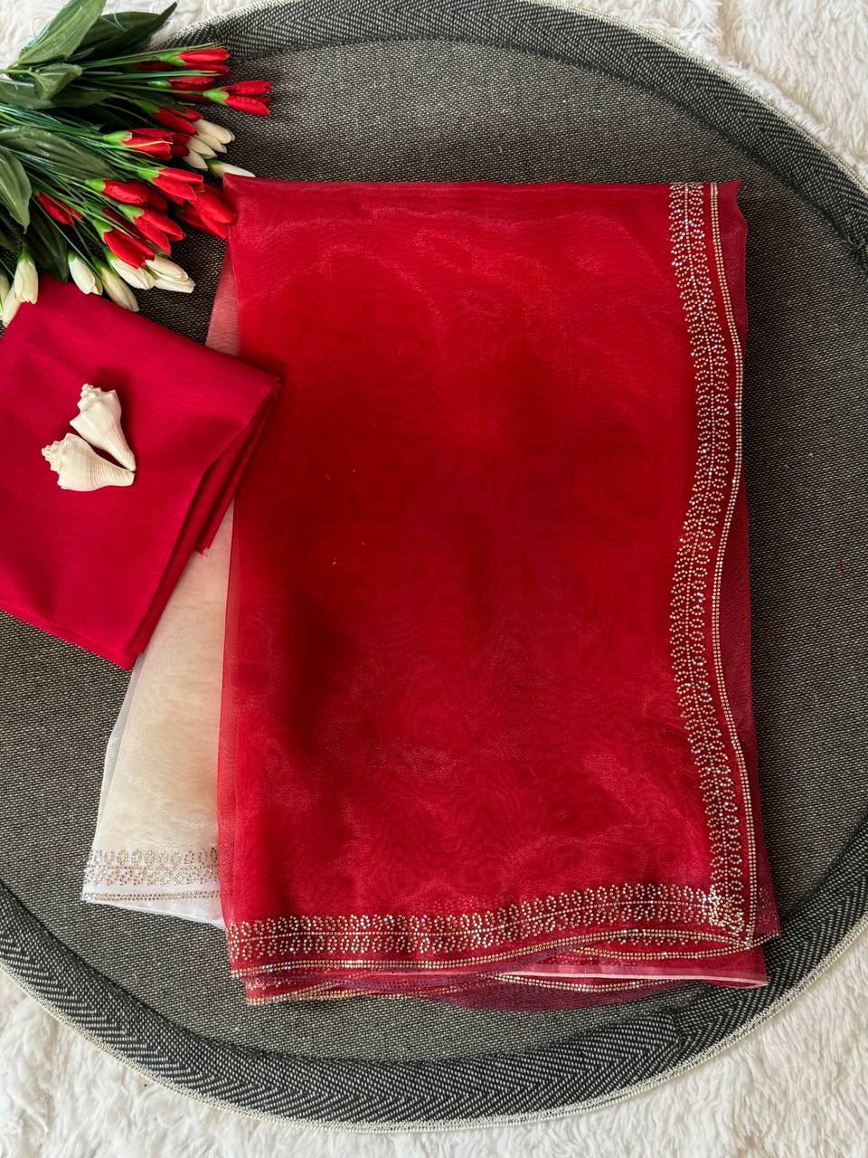 Elegant Red and White Organza Saree Set with Embellished Borders