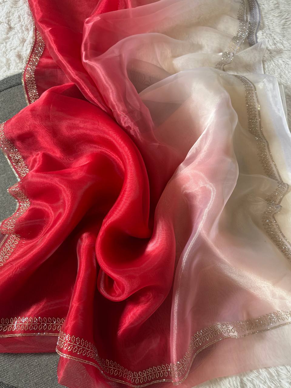 Elegant Red and White Organza Saree Set with Embellished Borders
