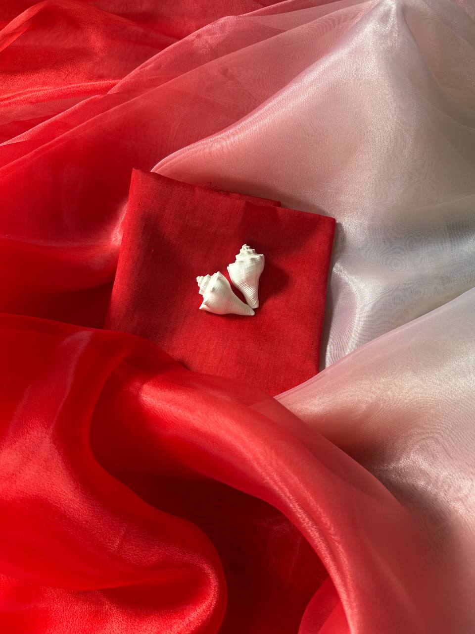 Elegant Red and White Organza Saree Set with Embellished Borders