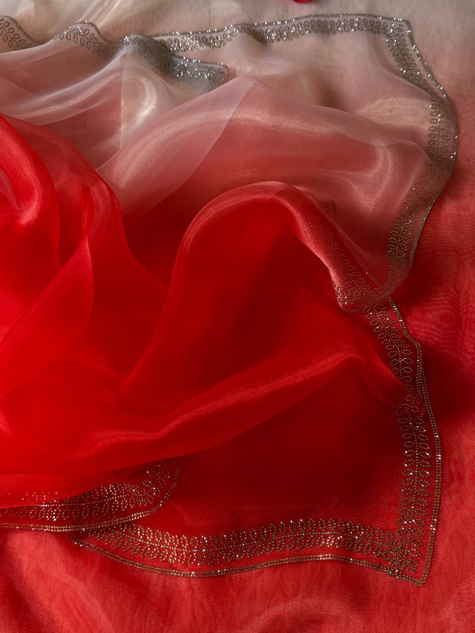 Elegant Red and White Organza Saree Set with Embellished Borders