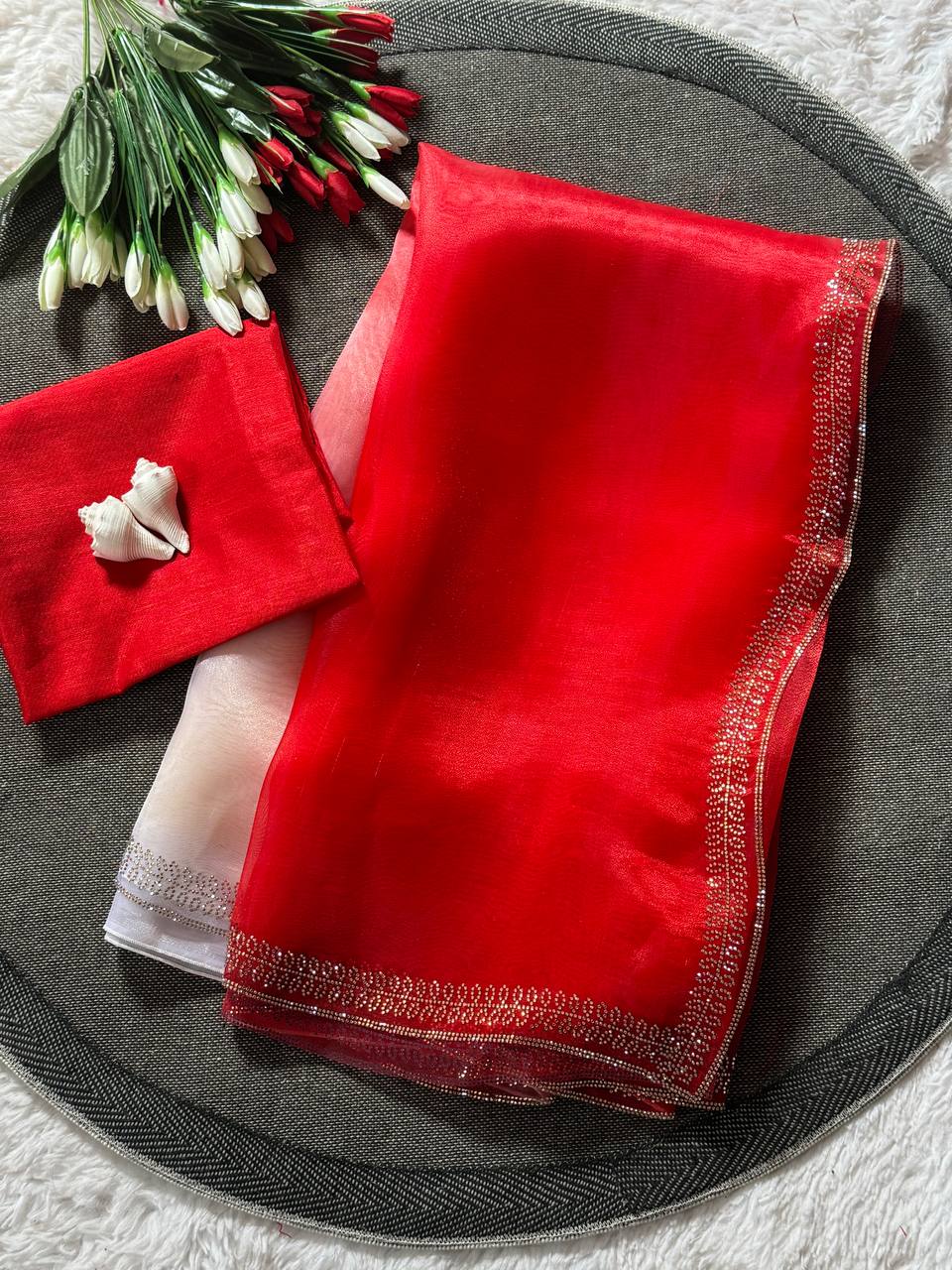 Elegant Red and White Organza Saree Set with Embellished Borders