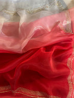 Elegant Red and White Organza Saree Set with Embellished Borders
