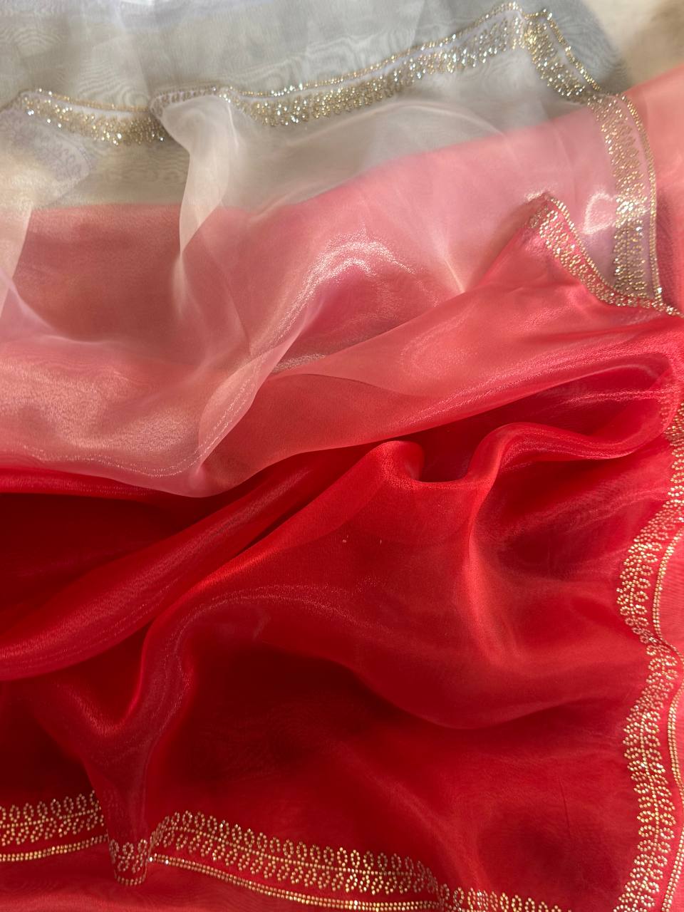 Elegant Red and White Organza Saree Set with Embellished Borders