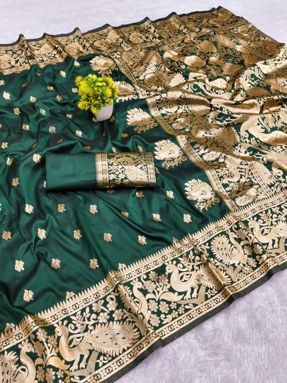 Emerald Green Banarasi Silk Saree with Traditional Gold Zari Border