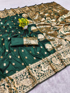 Emerald Green Banarasi Silk Saree with Traditional Gold Zari Border
