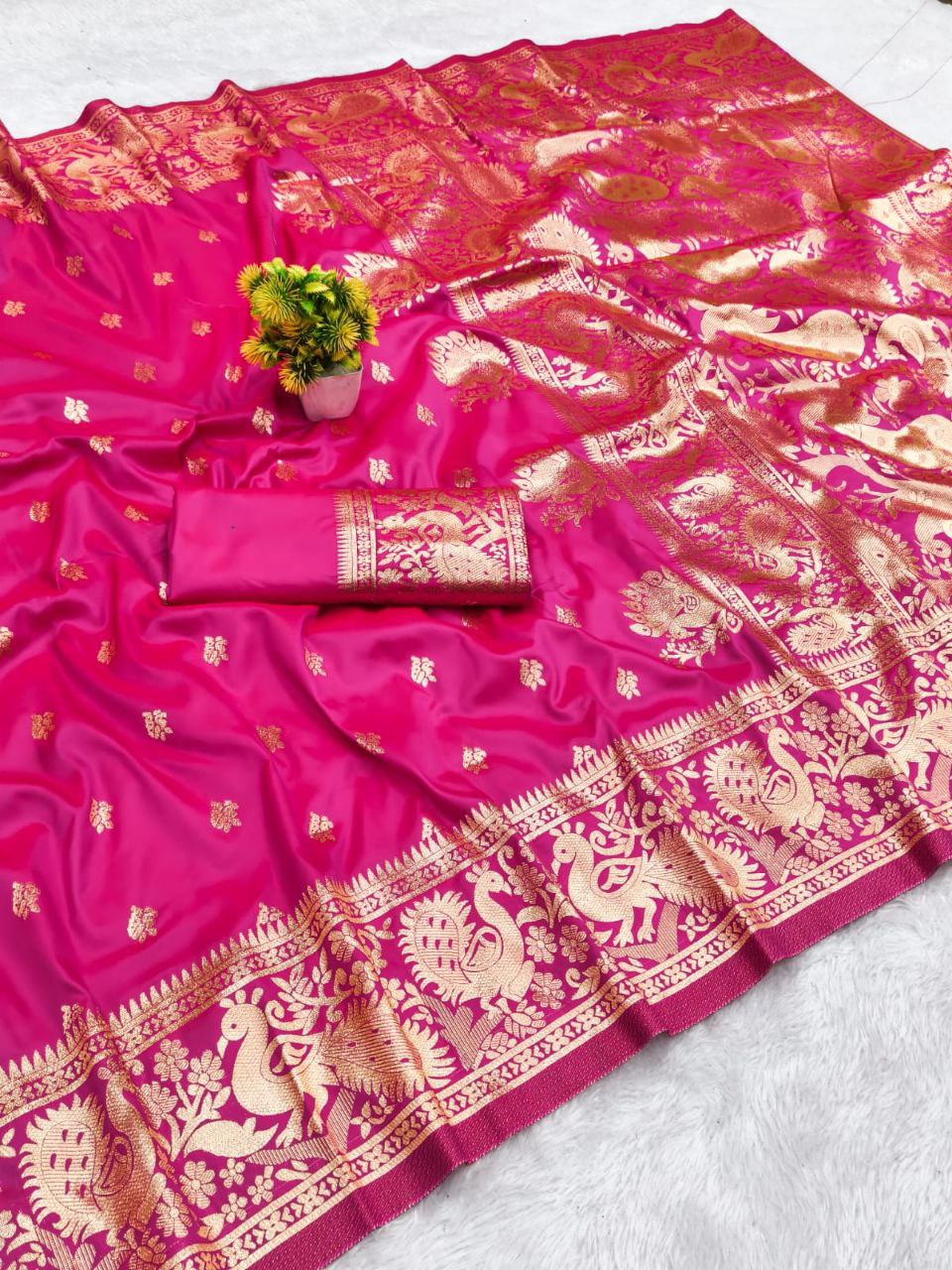 Vibrant Pink Banarasi Silk Saree with Gold Zari Peacock Border