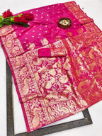 Vibrant Pink Banarasi Silk Saree with Gold Zari Peacock Border