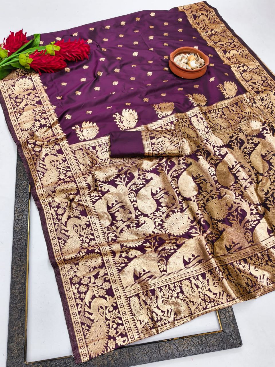 Royal Purple Banarasi Silk Saree with Gold Zari Peacock Border