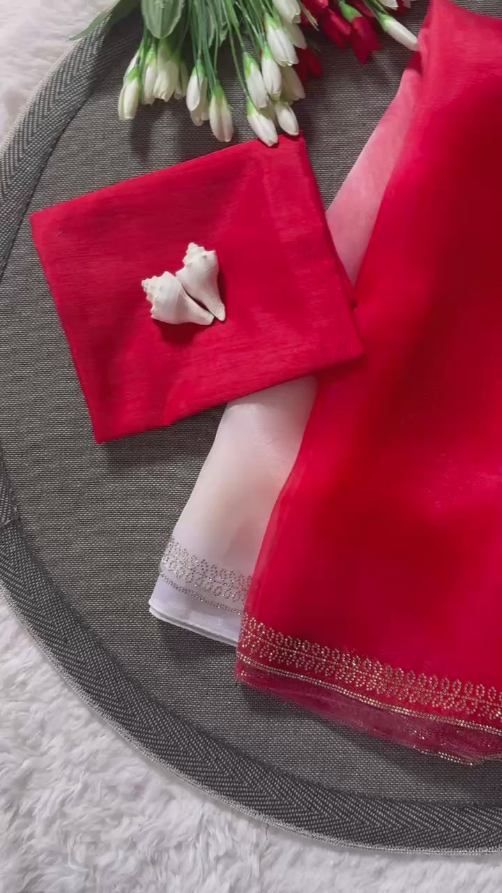 Elegant Red and White Organza Saree Set with Embellished Borders