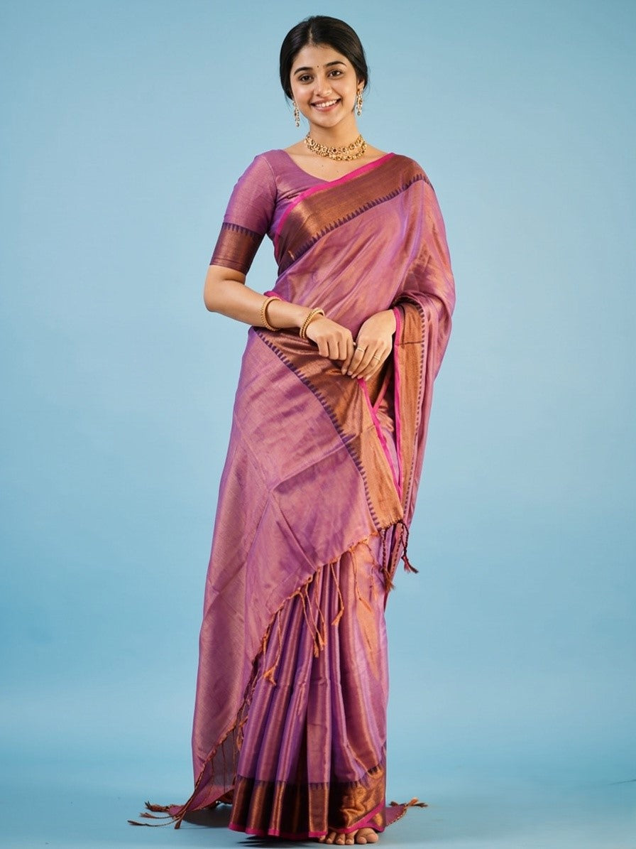 Elegant Purple Silk Saree with Copper Zari Border