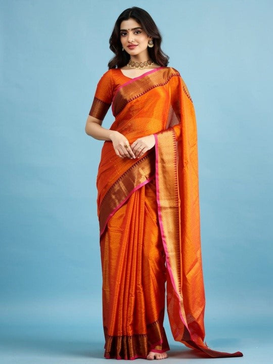 Radiant Orange Silk Saree with Rich Contrast Border