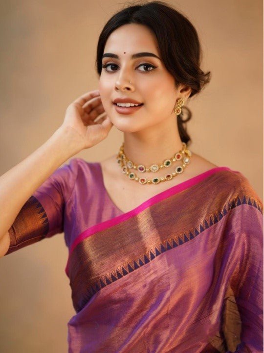 Elegant Purple Silk Saree with Copper Zari Border